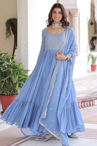 Sky Georgette Sequins & Zari Work Gown with Dupatta