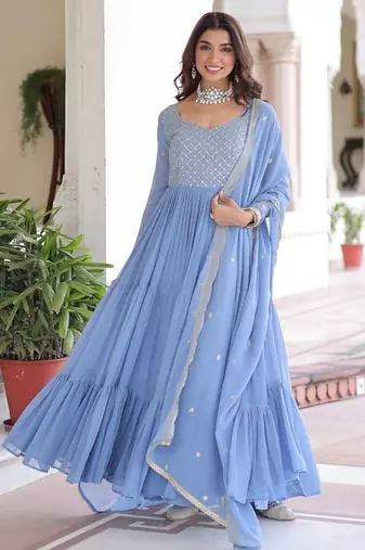 Sky Georgette Sequins & Zari Work Gown with Dupatta