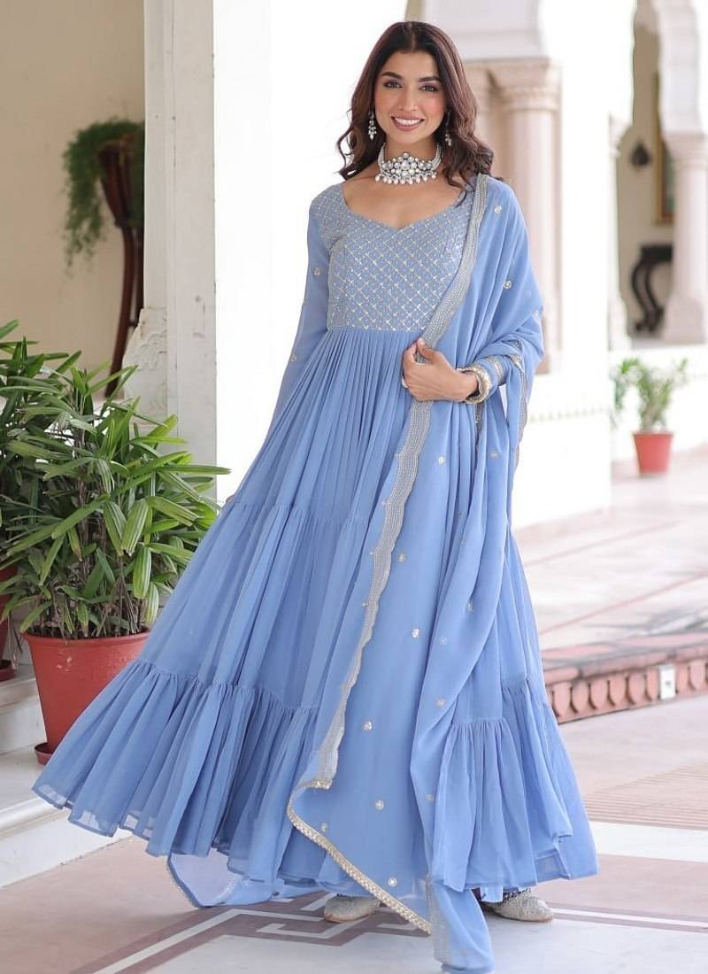 Sky Georgette Sequins & Zari Work Gown with Dupatta