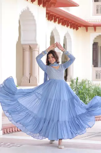 Sky Georgette Sequins & Zari Work Gown with Dupatta