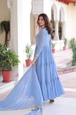 Sky Georgette Sequins & Zari Work Gown with Dupatta 3