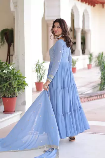 Sky Georgette Sequins & Zari Work Gown with Dupatta
