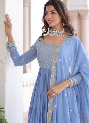 Sky Georgette Sequins & Zari Work Gown with Dupatta 4