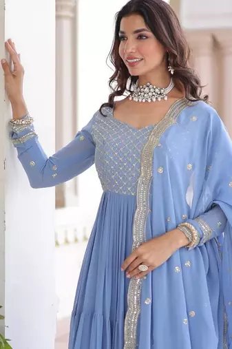 Sky Georgette Sequins & Zari Work Gown with Dupatta