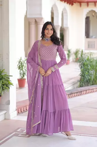 Onion Georgette Sequins & Zari Work Gown with Dupatta