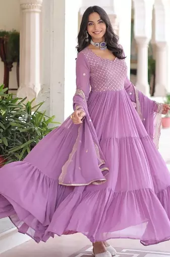 Onion Georgette Sequins & Zari Work Gown with Dupatta