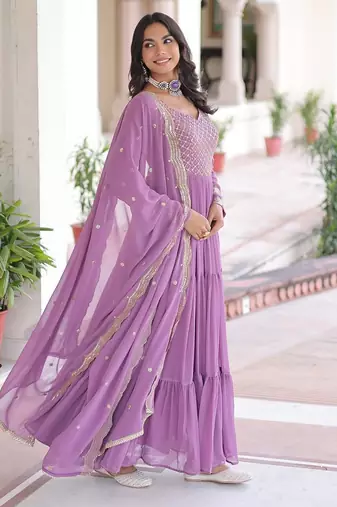 Onion Georgette Sequins & Zari Work Gown with Dupatta