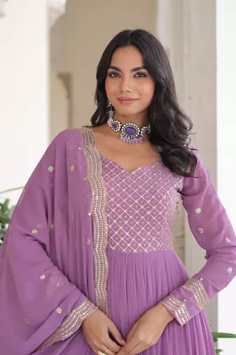 Onion Georgette Sequins & Zari Work Gown with Dupatta