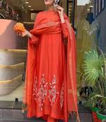 Floral embroidered v neck chanderi kurta trouser & dupatta set