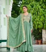 Green Vichitra Silk Embroidered Gown & Dupatta	