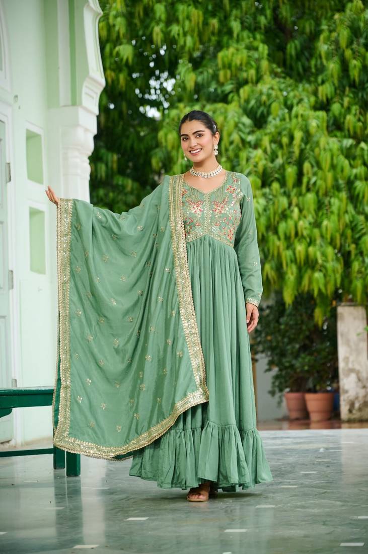 Green Vichitra Silk Embroidered Gown & Dupatta	