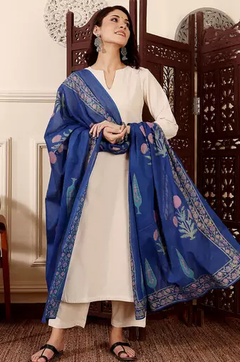 cream chanderi silk plain kurta pant set with printed dupatta