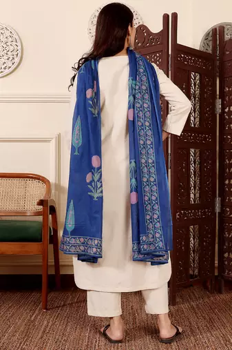 cream chanderi silk plain kurta pant set with printed dupatta