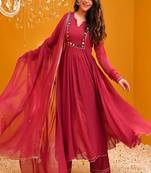 Floral embroidered v neck rayon kurta trouser & dupatta set