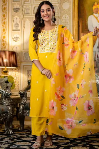 Mustard viscose rayon heavy thread embroidery work with printed dupatta kurta pant set