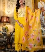 Mustard viscose rayon heavy thread embroidery work with printed dupatta kurta pant set