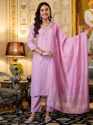 pink viscose rayon heavy thread embroidery kurta pant set with dupatta 1