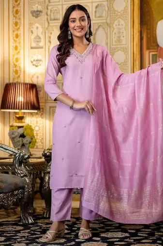 Pink viscose rayon heavy thread embroidery work kurta pant set