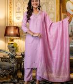 Pink viscose rayon heavy thread embroidery work kurta pant set