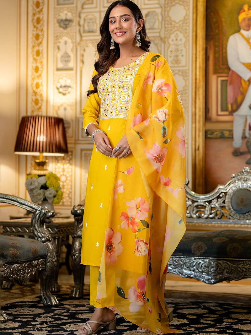 Mustard viscose rayon heavy thread embroidery work with printed dupatta kurta pant set
