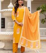 Yellow rayon printed kurta pant set