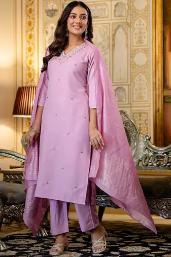 pink viscose rayon heavy thread embroidery kurta pant set with dupatta