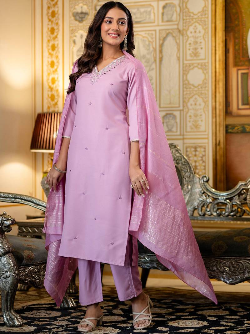 Pink viscose rayon heavy thread embroidery work kurta pant set