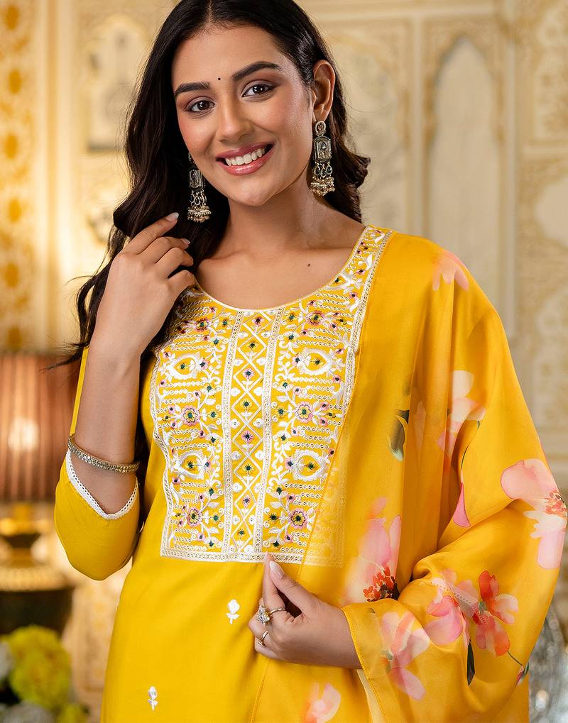 Mustard viscose rayon heavy thread embroidery work with printed dupatta kurta pant set