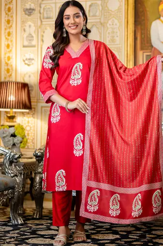 Red rayon printed kurta pant set