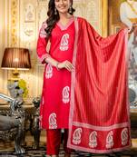 Red rayon printed kurta pant set
