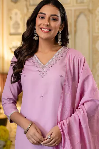 pink viscose rayon heavy thread embroidery kurta pant set with dupatta