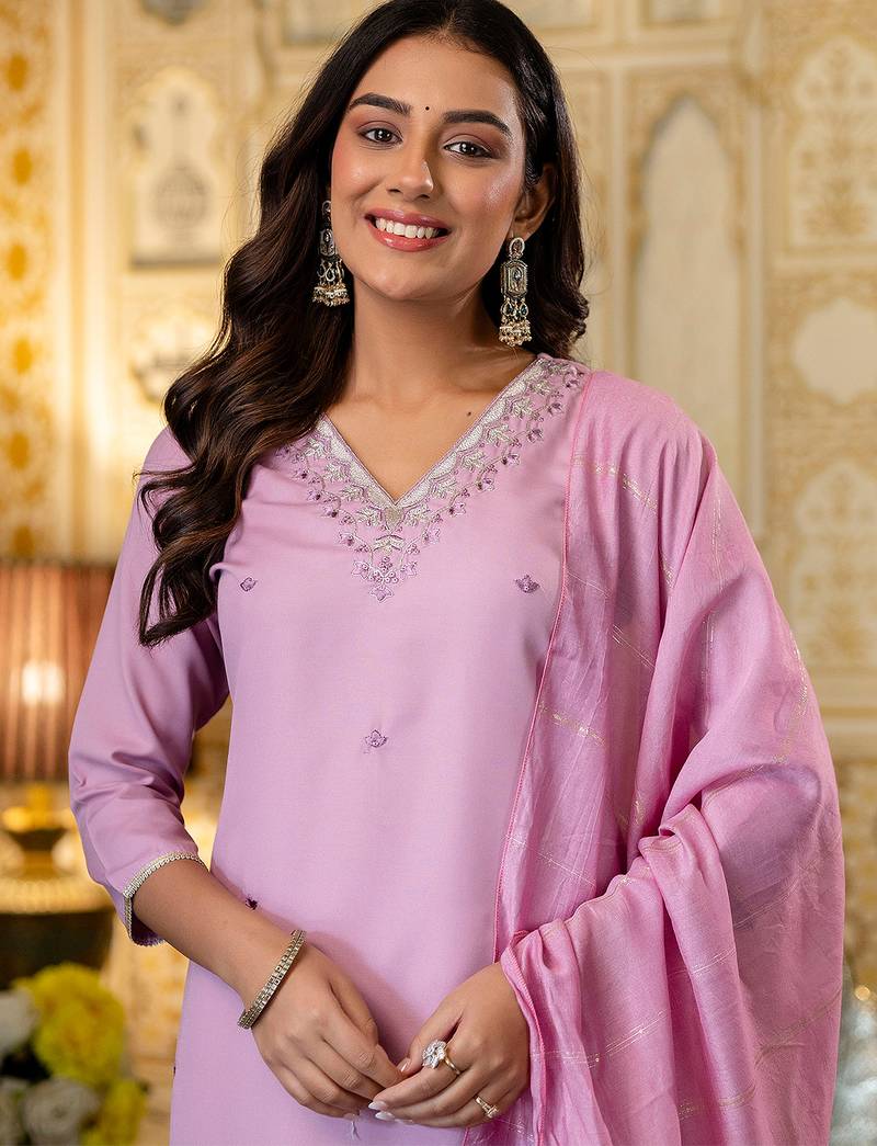 Pink viscose rayon heavy thread embroidery work kurta pant set