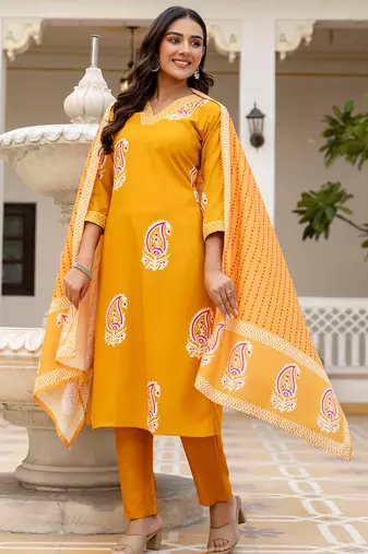 yellow rayon printed kurta pant set with chanderi dupatta