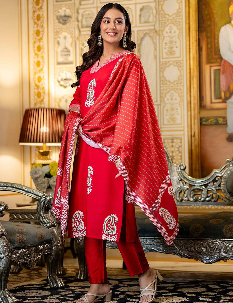 Red rayon printed kurta pant set