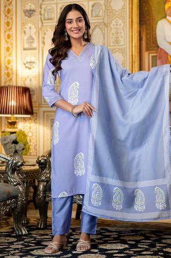 Light purple rayon printed kurta pant set