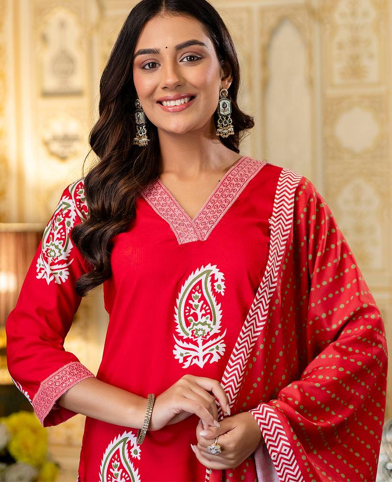 Red rayon printed kurta pant set