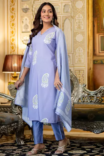 light purple rayon printed kurta pant set with chanderi dupatta