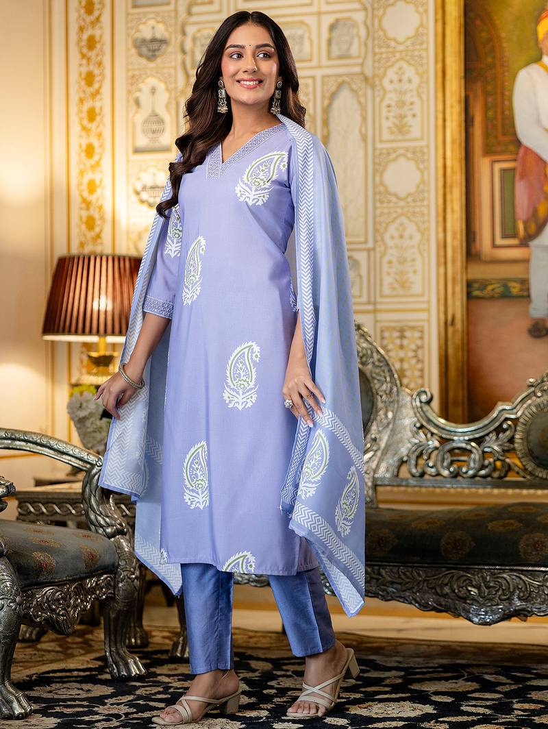 Light purple rayon printed kurta pant set