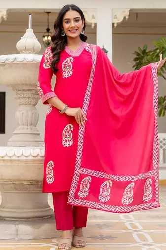 Pink rayon printed kurta pant set