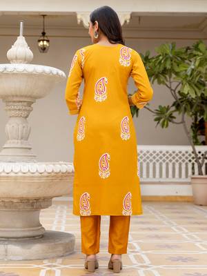 yellow rayon printed kurta pant set with chanderi dupatta 4