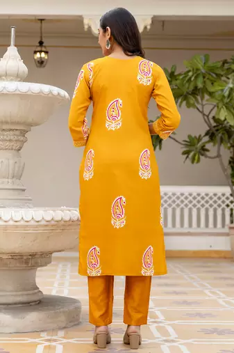 yellow rayon printed kurta pant set with chanderi dupatta