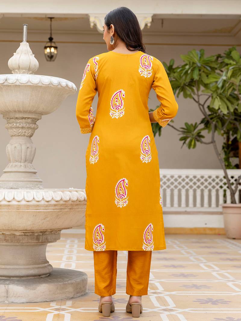 Yellow rayon printed kurta pant set