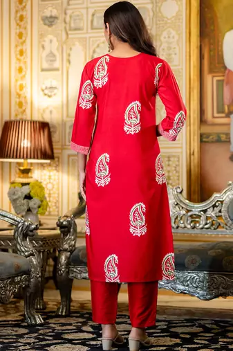 red rayon printed kurta pant set with chanderi dupatta