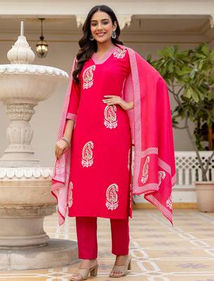 pink rayon printed kurta pant set with chanderi dupatta 2