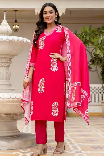 pink rayon printed kurta pant set with chanderi dupatta
