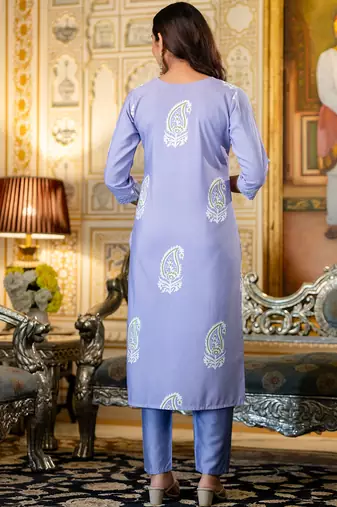 light purple rayon printed kurta pant set with chanderi dupatta