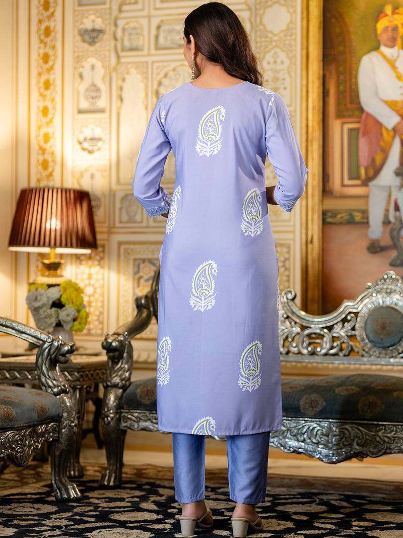 Light purple rayon printed kurta pant set