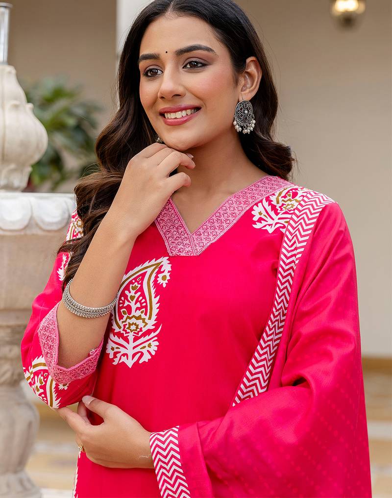 Pink rayon printed kurta pant set