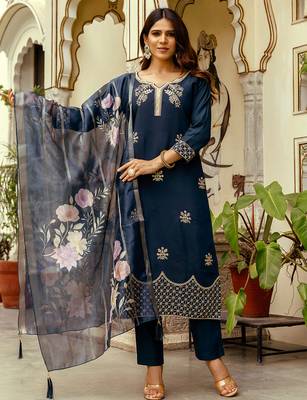 navy blue viscose chanderi thread embroidery kurta pant set with printed dupatta 1