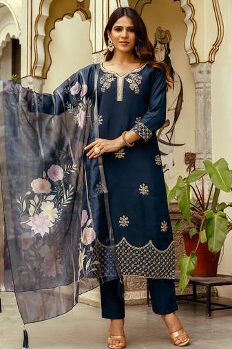 Navy blue viscose chanderi heavy thread embroidery work with printed dupatta kurta pant set